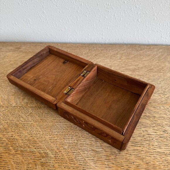 Hand Carved Floral Wooden Trinket Box, Bone Flower Inlay - Picture 6 of 8